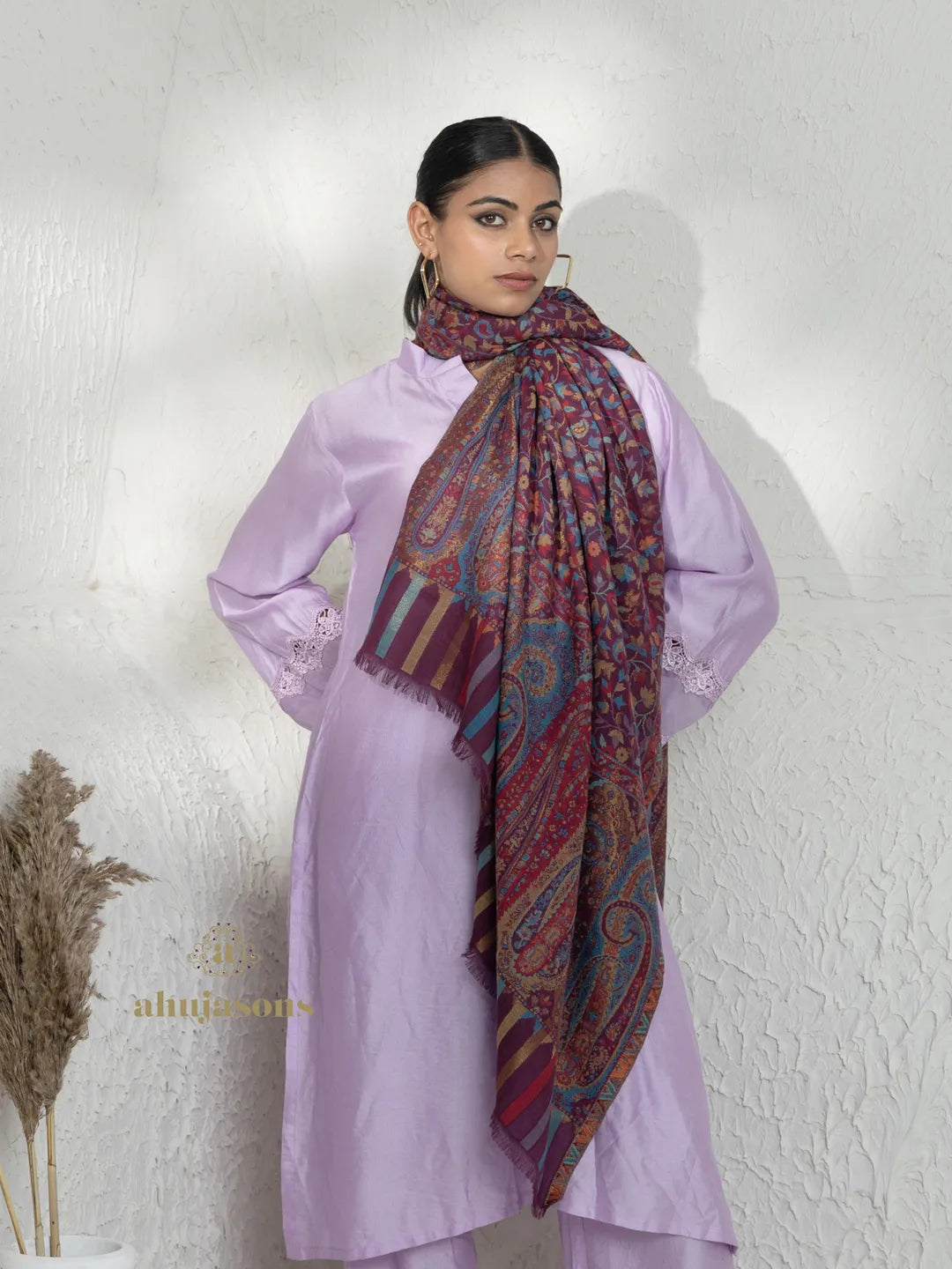 Kaani Woollen Shawls Purple Pashmina | Ahujasons