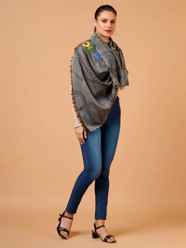 Grey Printed Woollen Stole