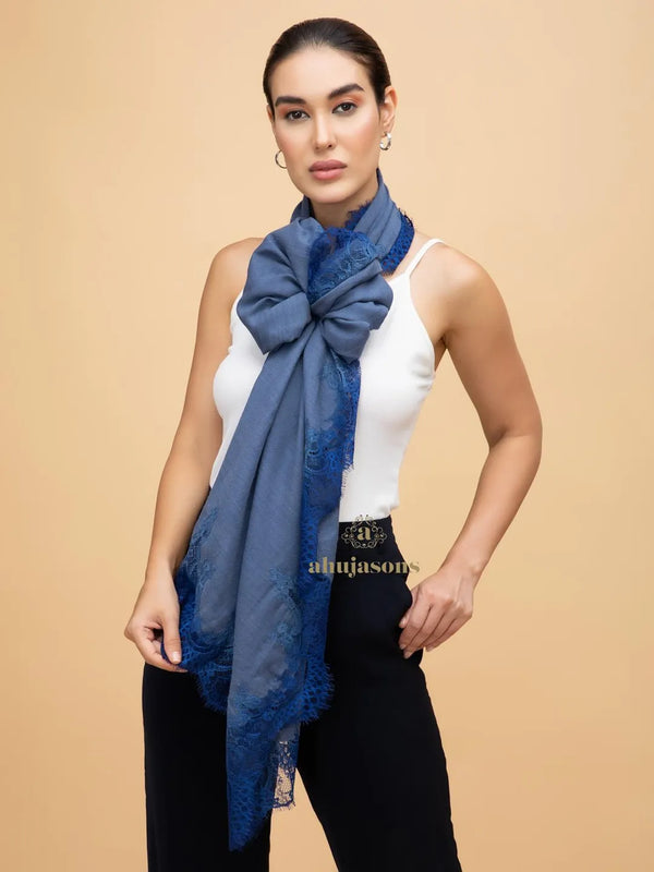 Elegant Stole Wool Blend with Dobby Pattern in Blue