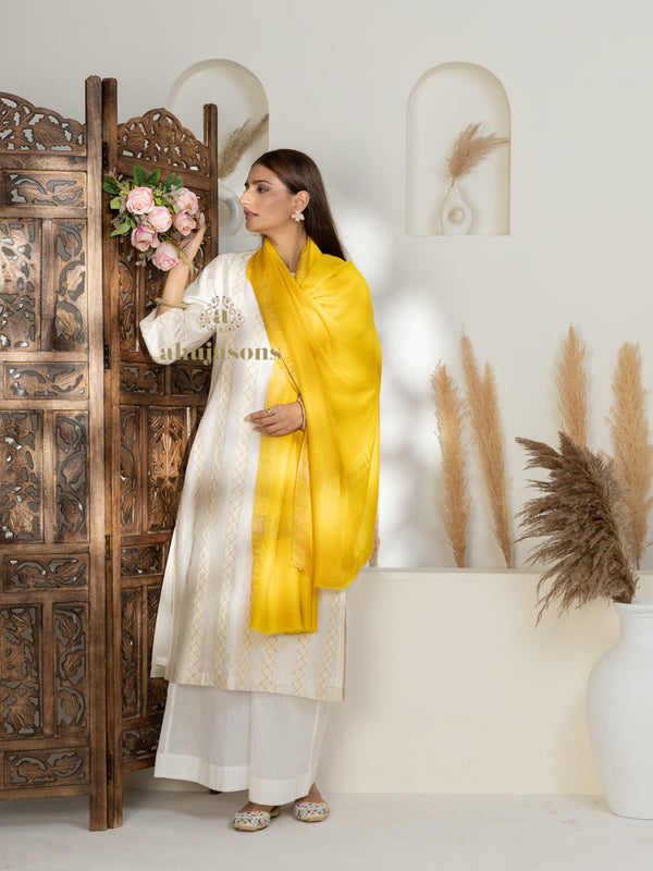 Yellow Handloom Pure Pashmina Shawl — Intricate Contrast Zari
