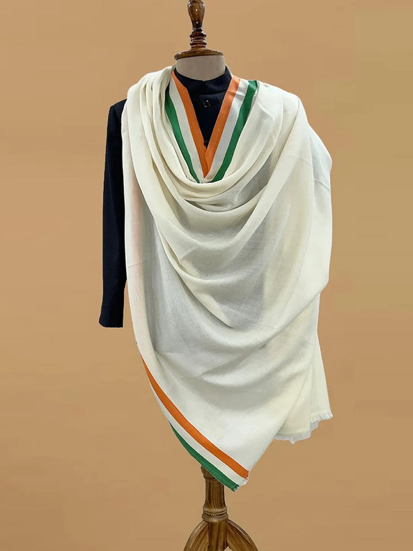 Elegant Shawl Wool Blend with Tricolour Pattern in White