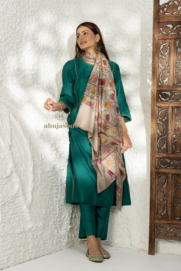 Brown Handloom Pure Pashmina Shawl with elegant Paper Mache Jaal Embroidery