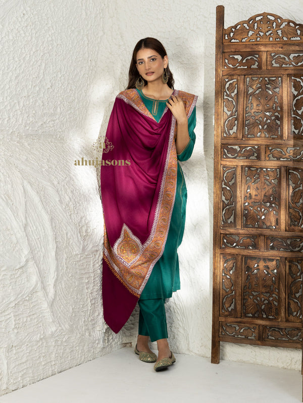 Red Handloom Pure Pashmina Shawl adorned with elegant Border Embroidery