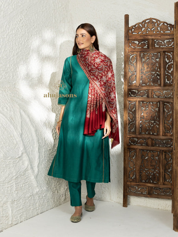 Maroon Handloom Pure Pashmina Shawl highlighted by ornate Jama
