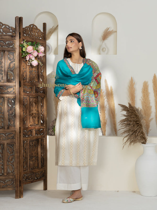 Sky Blue Handloom Pure Pashmina Shawl — Gulaabdaar Embroidery in sublime finish