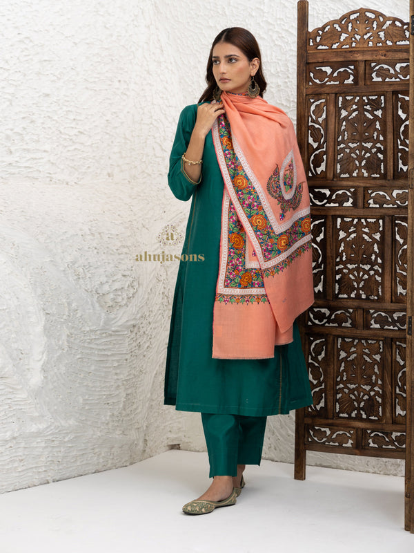 Peach Handloom Pure Pashmina Shawl — Bordered Zari in elegant finish