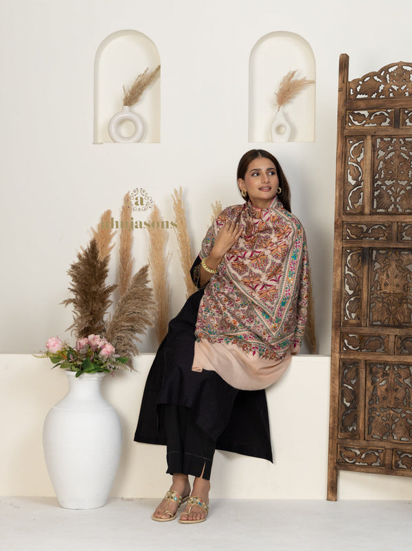 Peach Handloom Pure Pashmina Shawl in a ornate Paper Mache Jaal Embroidery